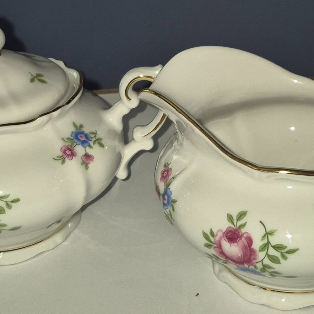 Creamer & Sugar Bowl with Lid Forest Rambler Bavaria Germany Floral Pink Blue EC